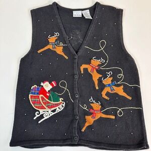 Vintage Santa & Reindeer Ugly Christmas Sweater Large Vest Holiday Party Festive
